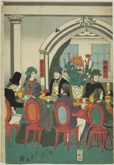Utlendinger fra fem nasjoner på en bankett (Gokakoku ijin shuen no zu) av Utagawa Yoshikazu