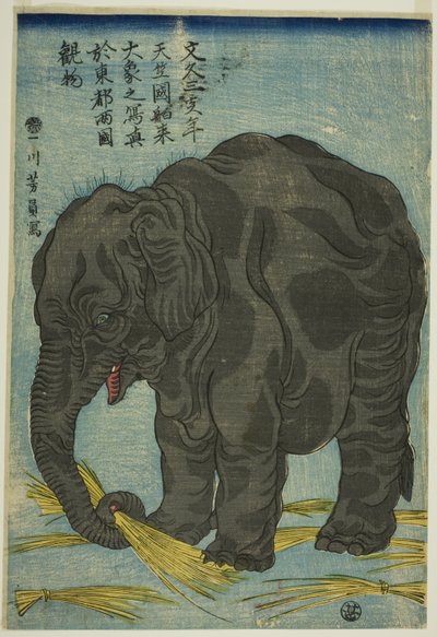 Bilde av stor elefant fra India (Tenjiku hakurai dai zo no shashin), en attraksjon ved Ryogoku i den østlige hovedstaden (Toto Ryogoku mimono) av Utagawa Yoshikazu