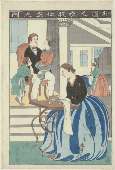 Vestlig kvinne bak en symaskin Gaikokujin ifuku shitate no zu (tittel på objekt) Bilde av en utlending som lager klær av Utagawa Yoshikazu