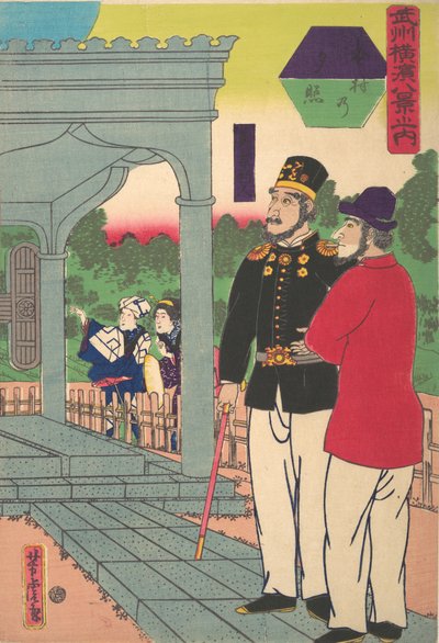 Evening Glow at Motomura [To engelskmenn ser på solnedgangen], 1. måned, 1861. av Utagawa Yoshitora