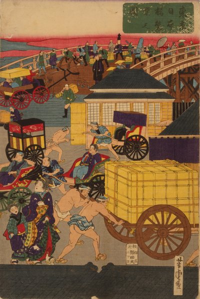 F ぉ Selger nytt g Nihonbashi sett c Jordtemperatur f og opphold. Toi Nihonbashi versjon Engelsk figur T teori ptych av Utagawa Yoshitora
