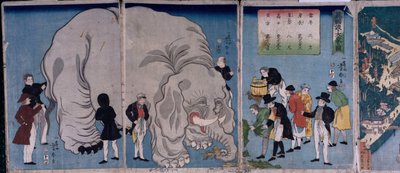 Utlendinger med en elefant (farget treblokktrykk) av Utagawa Yoshitora