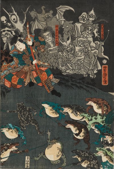 Froskeånden Nikushi tryller frem et magisk slag av frosker ved Tateyama i Etchu-provinsen, 1864 av Utagawa Yoshitora