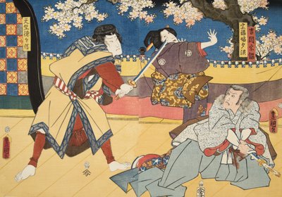 Scene fra Genji monogatari (Tale of Genji) av Murasaki Shibuku (f. 978) ca. 1860 (treblokktrykk i farger) av Utagawa and Toyokuni Kuniyoshi