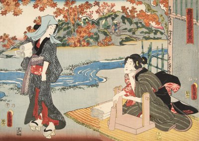 Scene fra Genji monogatari (Tale of Genji) av Murasaki Shibuku (f. 978) ca. 1860 (treblokktrykk i farger) av Utagawa and Toyokuni Kuniyoshi