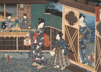 Scene fra Genji monogatari (Tale of Genji) av Murasaki Shibuku (f. 978) ca. 1860 (treblokktrykk i farger) av Utagawa and Toyokuni Kuniyoshi