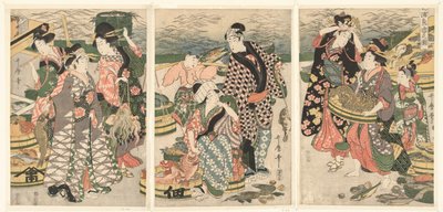 Utsikt over fiskemarkedet på stranden i Shiba [Shiba] no ura uoichi no zu (tittel på objekt) av Utamaro (II) , Kitagawa