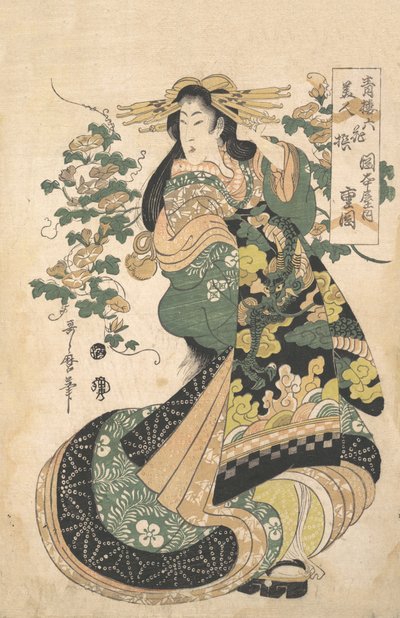 En kurtisane med morgenherligheter i bakgrunnen. av Utamaro II
