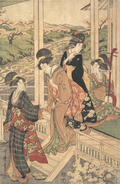 Gruppe kvinner på Engawa av et landsted, i tiden for kirsebærblomstringen,..., ca. 1806. av Utamaro II