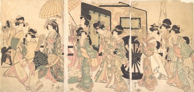 Damer som omgir en vogn. av Utamaro II