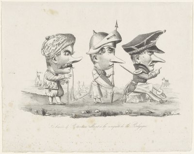 Tegneserie av Rotterdam-militsen, 1830 Les braves de Rotterdam allant à la conquête de la Belgique (tittel på objekt) av V. Dubrulle