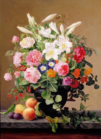 Stilleben med blomster og frukt av V. Hoier