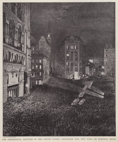 Newspaper Row, New York City, natten til det amerikanske presidentvalget, 8. november 1892 (litho) av V. Perard