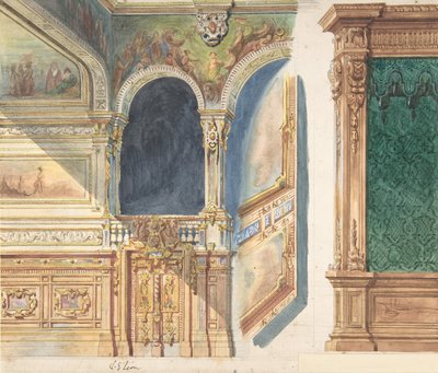 Design for et interiør, muligens et teater, ca. 1860-80. av V. S. Léon