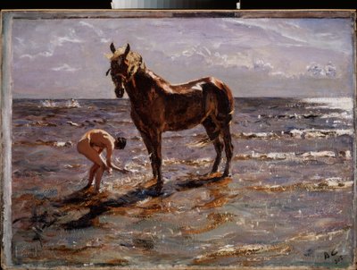 Hestens bad. (Ung naken mann spruter en hest, to andre skikkelser løper ut på havet). Maleri av Valentin Alexandrovich Serov (1865-1911), olje på lerret av Valentin Aleksandrovich Serov