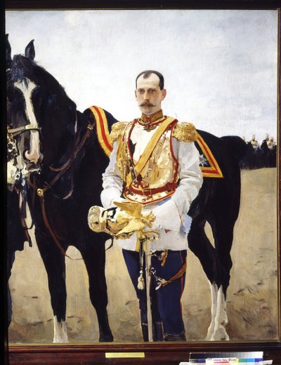 Portrett av storhertug Paul Alexandrovich av Russland (1860-1919). (Portrett av storhertug Paul Alexandrovich av Russland). I uniformen til en offiser for kavaleriet til den keiserlige russiske hæren, nær hesten hans. Maleri av Valentin Alexandrovich Serov av Valentin Aleksandrovich Serov