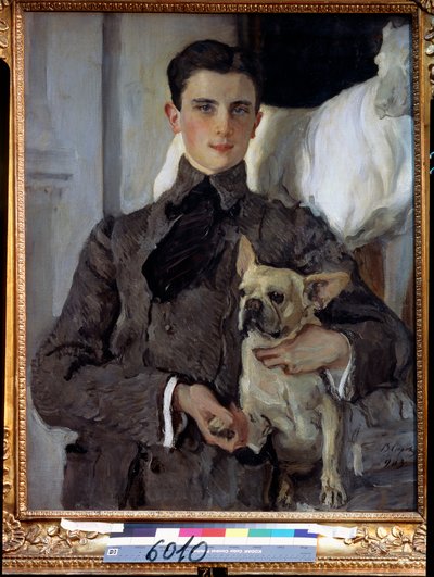 Portrett av prins Felix Youssoupoff, grev Soumarokov Elston (1887-1967), med en hund. (Portrett av prins Felix Yusupov, grev Sumarokov Elston, med en hund). Maleri av Valentin Alexandrovich Serov (1865-1911), olje på lerret av Valentin Aleksandrovich Serov