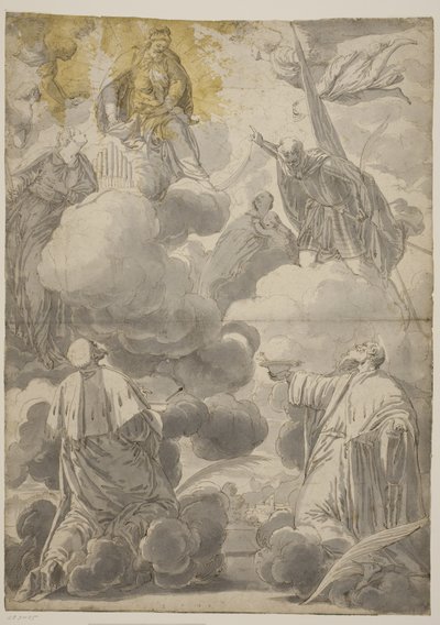 Jomfruen og barnet i skyene omgitt av engler og Sts Cosmas og Damian, Cecilia, Secondo og Marina av Valentin Lefèvre