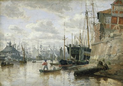Tømmerhytta ved Hamburg havn, 1848 (olje på papir om bord) av Valentin Ruths