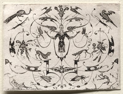 Arabesque med påfugl, parakitt, hunder og insekter av Valentin Sezenius