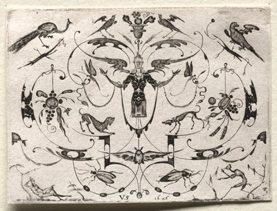 Arabesque med påfugl, parakitt, hunder og insekter, 1626. av Valentin Sezenius