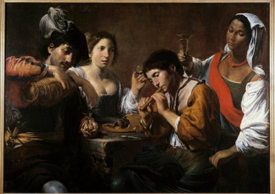 Møte i en kabaret Maleri av Valentin de Boulogne (1591-1632) 1600-tallet søn. 0,96x1,33 m av Valentin de Boulogne