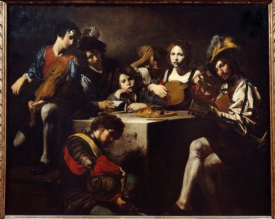 Lavrelieffkonserten. Musikere samlet seg rundt et skulpturert alter. Maleri av Valentin de Boulogne (1591-1632). Dim. 1,73 X 2,14m. av Valentin de Boulogne