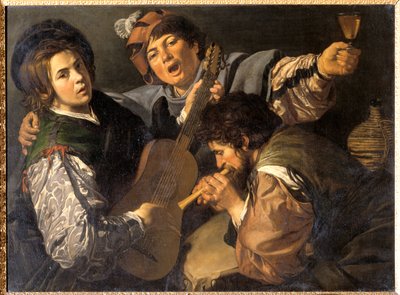 Tre menn som lager musikk, ca. 1616 (olje på lerret) av Valentin de Boulogne