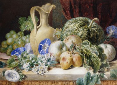 Et stilleben med kanne, epler, plommer, druer og blomster, av Valentine Bartholomew