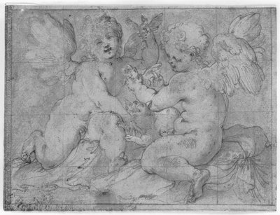 To putti som leker med en katt og to fugler av Valerio Castello