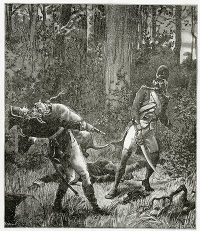 Rask hunden dreper en engelsk soldat - illustrasjon fra Bug-Jargal, gravering fra 1800-tallet bw av Valnay Pere et fils