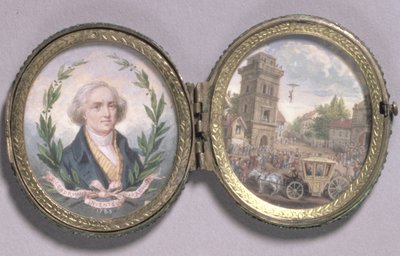 Portrettminiatyr av Louis-Sebastien Lenormand med en scene av fallskjermnedstigningen hans, 1783 (gouache på vellum) av Van Blarenberghe