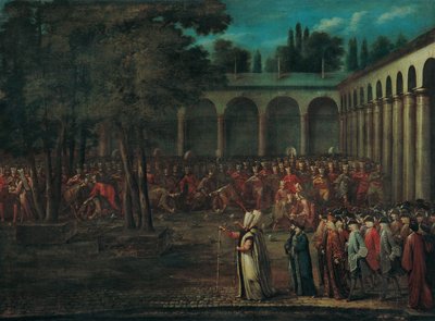 Ambassadørdelegasjonen passerer gjennom den andre gårdsplassen til Topkapı-palasset, 1720-tallet av Vanmour
