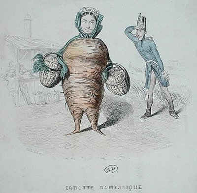Tegneserie av en tjener som en gulrot (farge litho) av Varin Varin