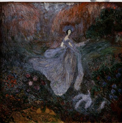 Morgen (morgen). En kvinne kledd i slør går mot en fugl på bakken, i en blomsterhage. Verk av Vasili Dmitrievich Millioti (1875-1943), akvarell, gouache og blekk på papir av Vasili Dmitrievich Millioti