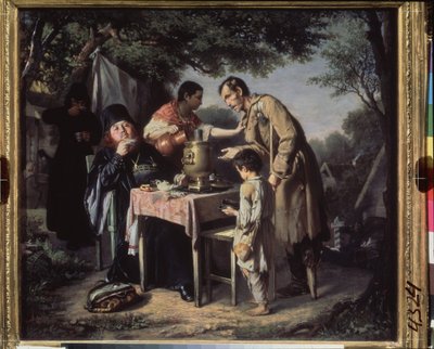 Drikker te i Mytishchi (Mytischi), nær Moskva. (Ortodokse munker tar te i en hage, en krøpling og et nødlidende barn tigger, dyttet bort av en tjenestejente.) Maleri av Vasili (Vassili) Grigorievich Perov (1834-1882), olje på lerret av Vasili Grigorevich Perov