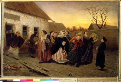 Russisk skikk: prosesjon av kvinner som forlater et hus og danser og synger på kvelden før et bryllup (Eve-of-the-wedding Party in a Bath House). Maleri av Vasili (Vasili) Grigoryevich Perov (1834-1882) av Vasili Grigorevich Perov