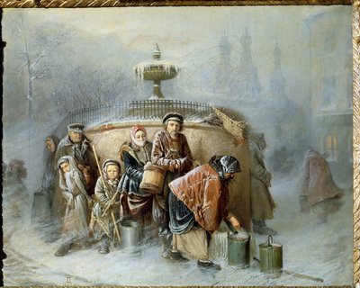 Køen ved fontenen. Midt på vinteren venter byens innbyggere på tur, i den kalde vinden og tåken, til å fylle bøtta med drikkevann. Maleri av Vasili (Vasili) Grigoryevich Perov (1834-1882), olje av Vasili Grigorevich Perov