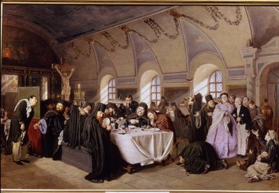 En lunsj på klosteret (A Meal in The Monastery). I det rike refektoriet til et ortodoks kloster, sitter munkene og spiser lunsj i overflod (fisk, frukt, vin), mens de leser Bibelen. Foraktfulle besøkende inviteres til j av Vasili Grigorevich Perov