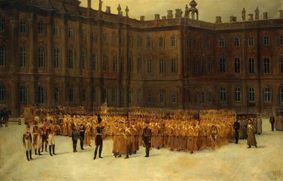 insurrection decembriste ou Insurrection decabriste (1825) - Nicholas I før enhetsformasjonen av Life-Guards feltingeniørbataljon i hoffet til Vinterpalasset den 14. desember par Maxutov, Vasili Nikolayevich (1826-1886). Olje på lerret, str av Vasili Nikolayevich Maxutov