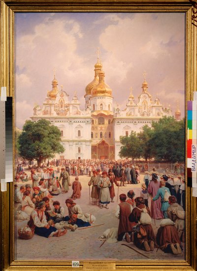 Devant le monastere des Caves a Kiev (Ukraina) (Før Kiev-klosteret) - Peinture de Vasili Petrovich Vereshchagin (Vassili Verechtchaguine) (1835-1909), huile sur toile av Vasili Petrovich Vereschagin
