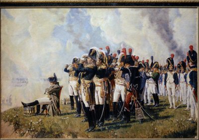 Napoleon Bonaparte (1769-1821) på høyden av Borodino. (Napoleon On The Borodino Hights). Slaget ved Moskva (eller slaget ved Borodino, 7. september 1812, under det russiske felttoget), Napoleon, sittende armer i kors, ettertenksom, er beskrevet foran offis av Vasili Petrovich Vereschagin