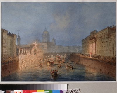 Belysning av Moika-elven i St. Petersburg. Verk av Vassily Semyonovich Sadovnikov (1800-1879), akvarell på papir av Vasili Semenovich Sadovnikov