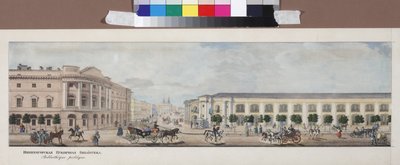 La bibliotheque publique imperiale (panorama de la perspective Nevski) - Det keiserlige offentlige bibliotek (Fra panoramaet av Nevsky Prospekt), av Sadovnikov, Vasily Semyonovich (1800-1879). Litografi, akvarell av Vasili Semenovich Sadovnikov