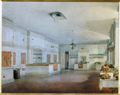 Kjøkkenet til Yusupov-palasset (Moika-palasset) i St. Petersburg. (Kjøkkenet i Yusupov-palasset i St. Petersburg). Verk av Vasily Semyonovich Sadovnikov (1800-1879), akvarell på papir. Russisk kunst fra 1800-tallet. Statens russiske museum, Saint Pe av Vasili Semenovich Sadovnikov