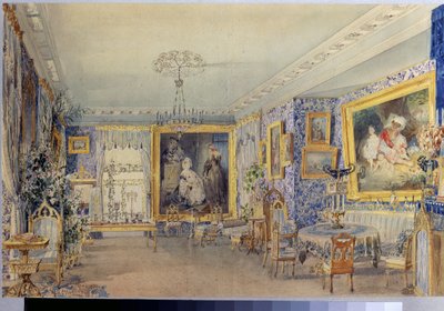Stuen i Herregården Verki. Verk av Vasily Semyonovich Sadovnikov (1800-1879), akvarell på papir av Vasili Semenovich Sadovnikov
