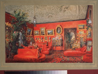 Den røde stuen i Yusupov-palasset i St. Petersburg. Verk av Vasily Semyonovich Sadovnikov (1800-1879), akvarell på papir. russisk kunst av Vasili Semenovich Sadovnikov