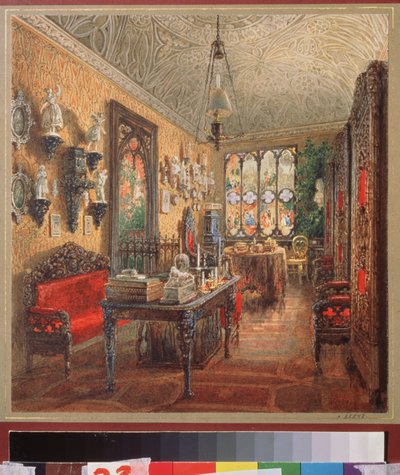 Kontoret i Yusupov-palasset (Moika-palasset) i St. Petersburg. Verk av Vasily Semyonovich Sadovnikov (1800-1879), akvarell på papir, russisk kunst av Vasili Semenovich Sadovnikov
