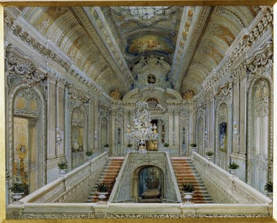 Hovedtrappen til Yusupov-palasset (Moika-palasset) i St. Petersburg. (Hovedtrappen i Yusupov-palasset i St. Petersburg). Verk av Vasily Semyonovich Sadovnikov (1800-1879), akvarell på papir. russisk kunst av Vasili Semenovich Sadovnikov