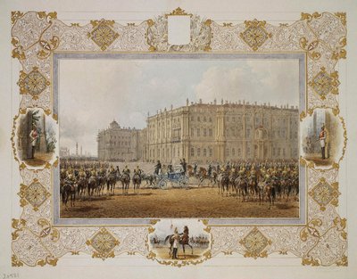 Gjennomgang av Horse-Guardsmen Regiment foran Vinterpalasset, 1850-årene av Vasili Semenovich Sadovnikov